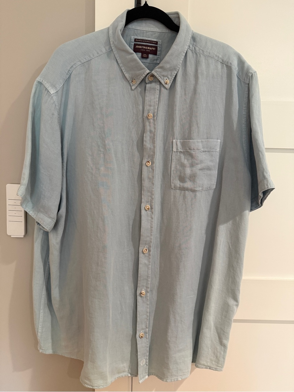 Johnston & Murphy Men XXL Linen Cotton Shirt Light Blue Short Sleeve Button Down